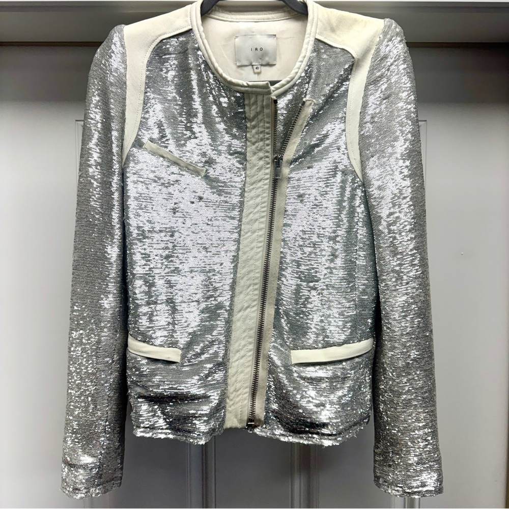 IRO Paris Silver Sequin "Hadley" Moto Blazer with White Leather - Picture 7 of 16